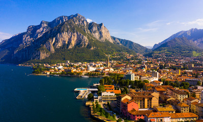Aerial cityscape of Lecco and Como lake - obrazy, fototapety, plakaty