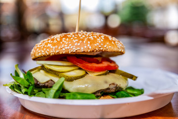 Sandwich hamburger with and mix of vegetables. Fast food. Delicious hamburger