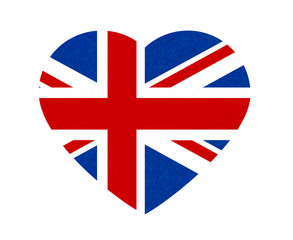 Grunge flag of Great Britain, UK. English banner with scratched texture  in shape heart. Vector icon of flag of England, vintage.