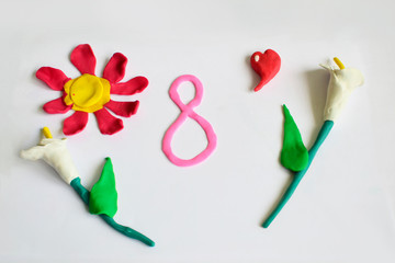Postcard with plasticine flowers for design. Happy Women's Day. 8 march concept. International women's day set. 