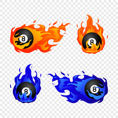 Flying black billiard eight ball in fire 