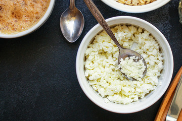 healthy breakfast, cottage cheese, coffee and other (tasty snack) menu concept background. top view. copy space