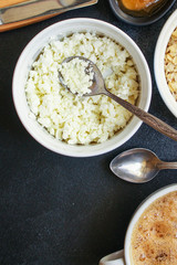 healthy breakfast, cottage cheese, coffee and other (tasty snack) menu concept background. top view. copy space