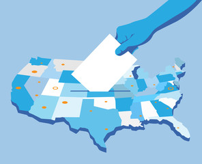 Giorno delle elezioni in America, mano che tiene la scheda elettorale, sfondo mappa americana - illustrazione vettoriale © Hurca!
