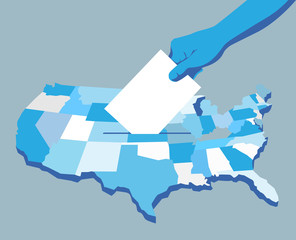 Giorno delle elezioni in America, mano che tiene la scheda elettorale, sfondo mappa americana - illustrazione vettoriale © Hurca!