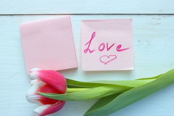 An empty paper note with a red heart-shaped decoration on a white background of a wooden table, a bouquet of tulips. Love, wedding, romantic and Happy Valentine's day holiday concept