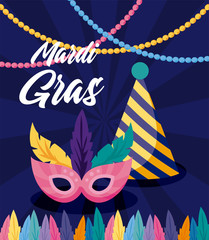 Mardi gras mask and hat with necklaces vector design