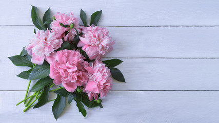bouquet of pink peonies on a white background top view. background with pink flowers. peonies on the table and a copy of the space. peonies are flat lying.