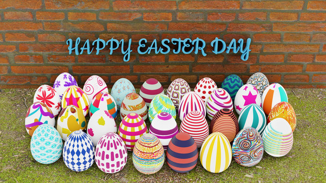 Top view of set of colorful easter eggs place on ground with green grass and brown brick wall background with text. 3D illustration.