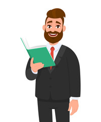 Young businessman is holding a book. Person reads textbook. Male character design illustration. Human emotions, facial expressions concept in vector cartoon style.