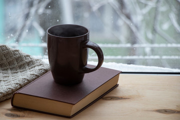 Snowy weather. Snow on trees and land. Bright white day. View outside the window sill with a cup of coffee and a book. And a warm blanket. Background.