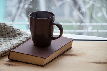 Snowy weather. Snow on trees and land. Bright white day. View outside the window sill with a cup of coffee and a book. And a warm blanket. Background.