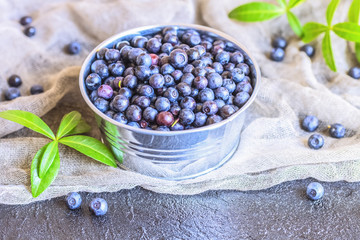 fresh ripe blueberries in a bowl close-up. background with blueberries and blueberry branches on the table.