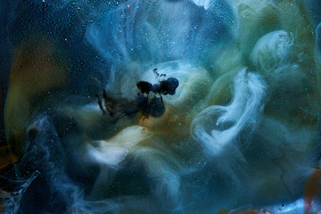 Abstract blue outer space science background. Vibrant colors galaxy sky, ocean, sea. Mystical liquid chemicals smoke, chemistry and biology creative backdrop paper © amixstudio