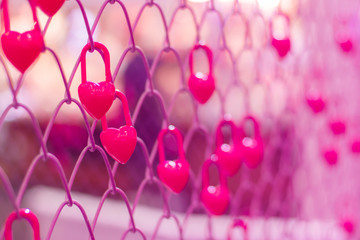 Many pink hearts hanging on a metal cage,Valentine's concept.Soft focus.