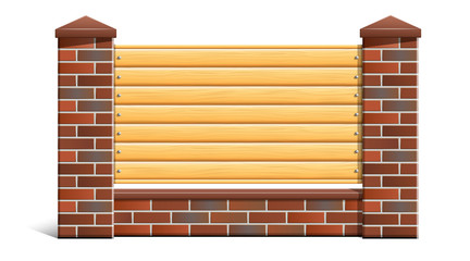 A red brick fence with wooden planks on a white background.