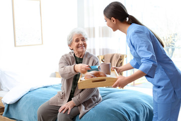 Care worker serving dinner for elderly woman in geriatric hospice - obrazy, fototapety, plakaty