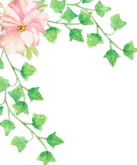 Watercolor hand painted nature eco floral frame composition with pink flower peony and green loach leaves on branches bouquet in the corner on the white background for invitations and greeting cards