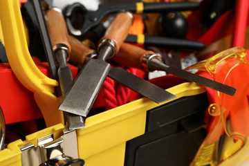 Fototapeta premium Box with different carpenter's tools, closeup view