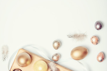 Easter eggs background, vintage colors. Flat lay, top view with copy space