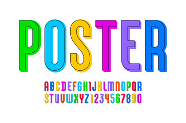 Colorful font, alphabet in the constructivism style, multicolored bright letters and numbers for you design, vector illustration