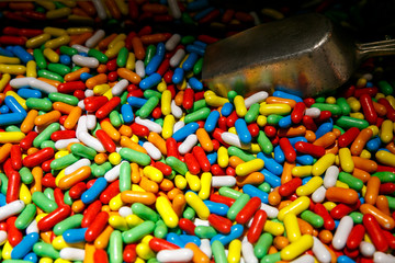 different candies, candies, sweets in a shop window in Venice. Textures and backgrounds with colorful bonbons