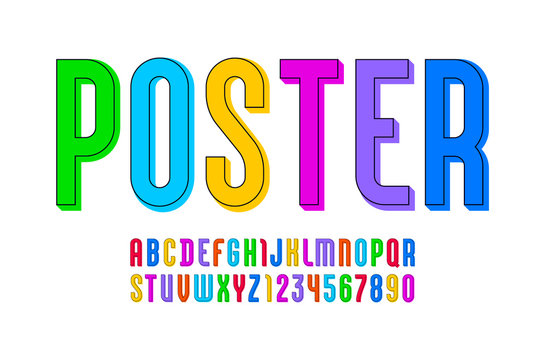 Colorful font, alphabet in the constructivism style, multicolored bright letters and numbers for you design, vector illustration