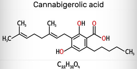 Cannabigerolic acid, CBGA,  molecule. It is cannabinoid, precursor tetrahydrocannabinolic acid THCA, cannabidiolic acid CBDA, cannabichromenic acid CBCA. Skeletal chemical formula