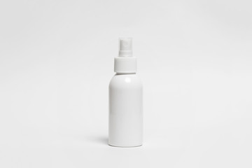 Cosmetic Or Hygiene Spray Dispenser Pump Plastic Bottle on white background.Top view.High...