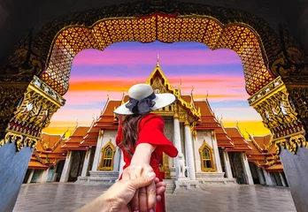 Foto op Canvas Asian woman visit the beauty of Wat Benchamabophit,Bangkok Thailand. © chanchai