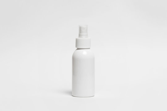 Cosmetic Or Hygiene Spray Dispenser Pump Plastic Bottle on white background.Top view.High resolution photo.