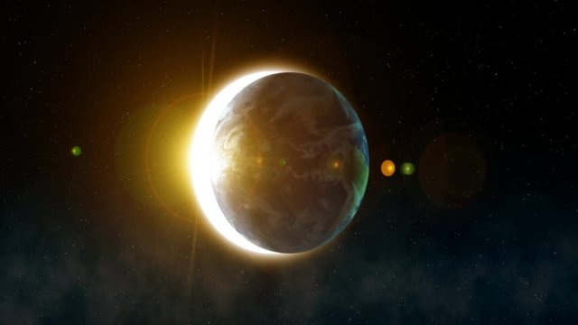 Highly detailed realistic epic sunrise over planet earth. Night skyline view from space globe lights up on morning from the sun. 3d rendering animation using satellite imagery NASA in 4k.