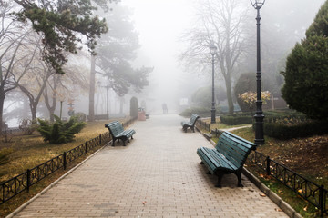 Fototapeta na wymiar Empty park street during the foggy morning in Tbilisi, Gerogia