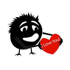 Silhouette of a funny romantic creature with a red heart in his hands and the inscription I love you. Little animal on Valentine's Day. Isolated vector on a white background.
