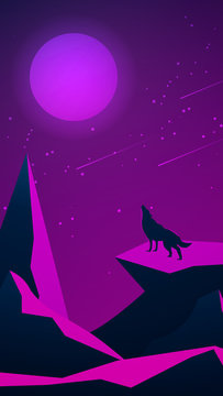Futuristic night landscape with mountains and a wolf howling at the moon. Polygonal rock. Violet starry sky with moon and meteor shower. Vertical vector illustration.