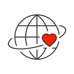 Heart revolves around the earth line icon. Editable stroke