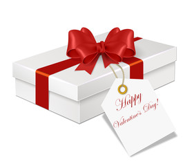 Illustration gift box with red ribbon and tag.