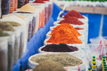 Different types of spices, tea, cinnamon at the bazaar, the traditional street turkish market