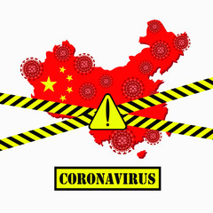 Coronavirus Spreading Concept with cross warning strip, China map, warning sign, Coronavirus text, floating virus cells. 2019-nCoV Flu Dangerous chinese corona virus, pandemic risk alert. Vector