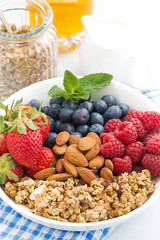 breakfast bowl with fresh berries, granola and almond on white table, vertical, closeup