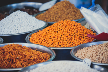 Different types of spices, tea, cinnamon at the bazaar, the traditional street turkish market