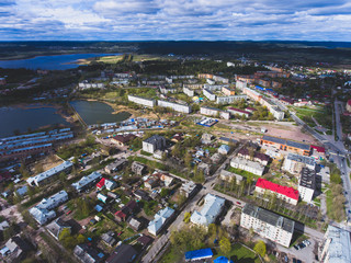 Aerial air view of Sortavala city, a town in the Republic of Karelia, Russia, located at the northern tip of Lake Ladoga, shot from drone
