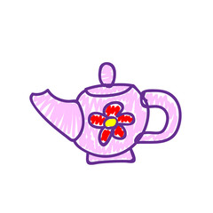 Pink teapot with red flower in a deliberately childish style. Imitation child drawing. Kid sketch, painting felt-tip pen or marker. Kid painted handmade by birthday. Vector illustration.