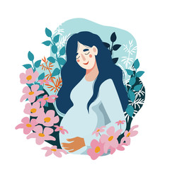 Happy Mother's Day. Pregnant woman surrounded by many flowers. Isolated Vector cute flat illustration.