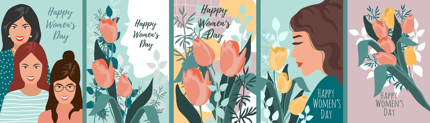 Vector set of illustrations for International Women's Day. Cute cartoon tamplate for cards and posters