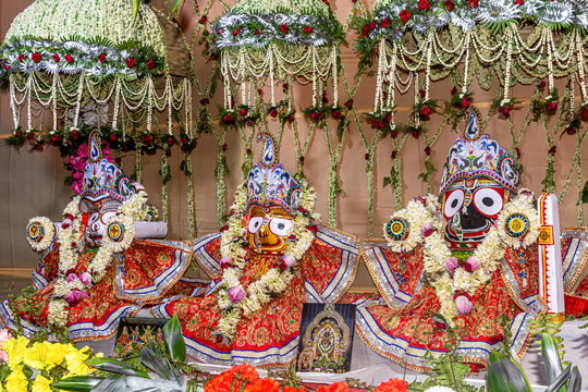 Idols of Hindu God Jagannath, Balaram and Goddess Subhadra are being worshipped during the Rath Yatra Festival.