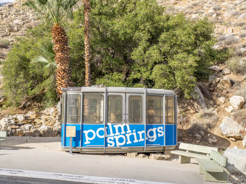 Palm Springs Aerial Tramway Cabin on November 15, 2015 at Valley Station, one of the original cabins used to transport visitors to the Mountain Station at an elevation 8,516 feet