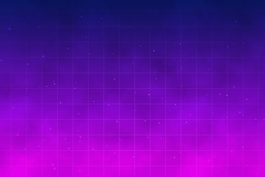 Retro futuristic background with fog. Night sky with stars and clouds, Galaxy, light glow effect. Template background for electronic music events. Vector illustration in neon colors.