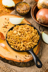 Crispy Fried Onion Strings Background. Selective focus.