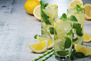 Lemon and mint refreshing cocktail with ice cubes	